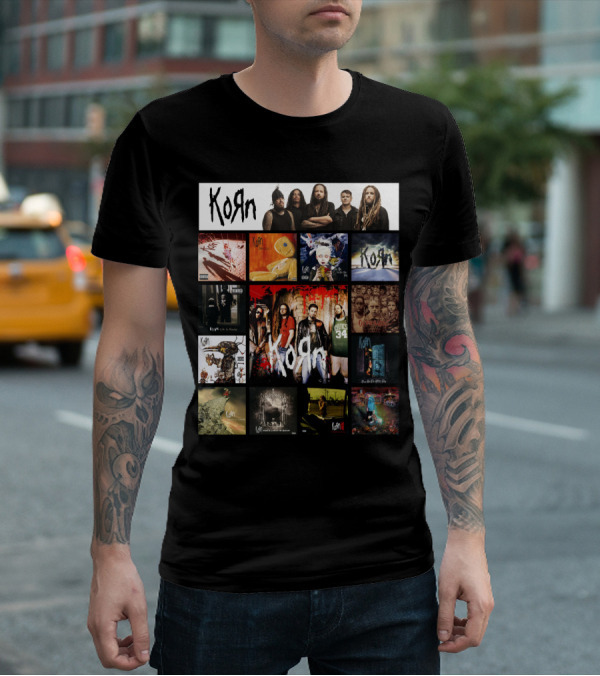 Korn Greatest Hits Collection Featuring Classic Album Covers And Band Members T-Shirt