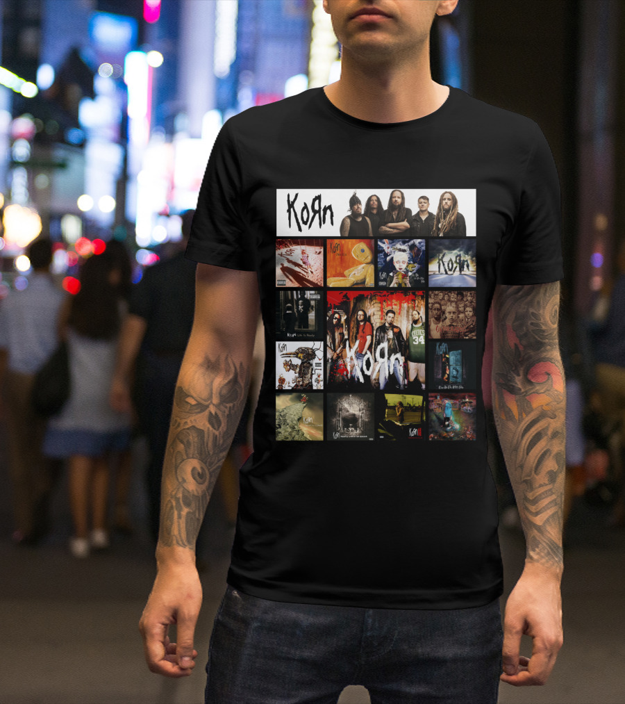 Korn Greatest Hits Collection Featuring Classic Album Covers And Band Members T-Shirt