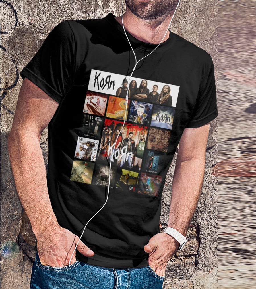 Korn Greatest Hits Collection Featuring Classic Album Covers And Band Members T-Shirt