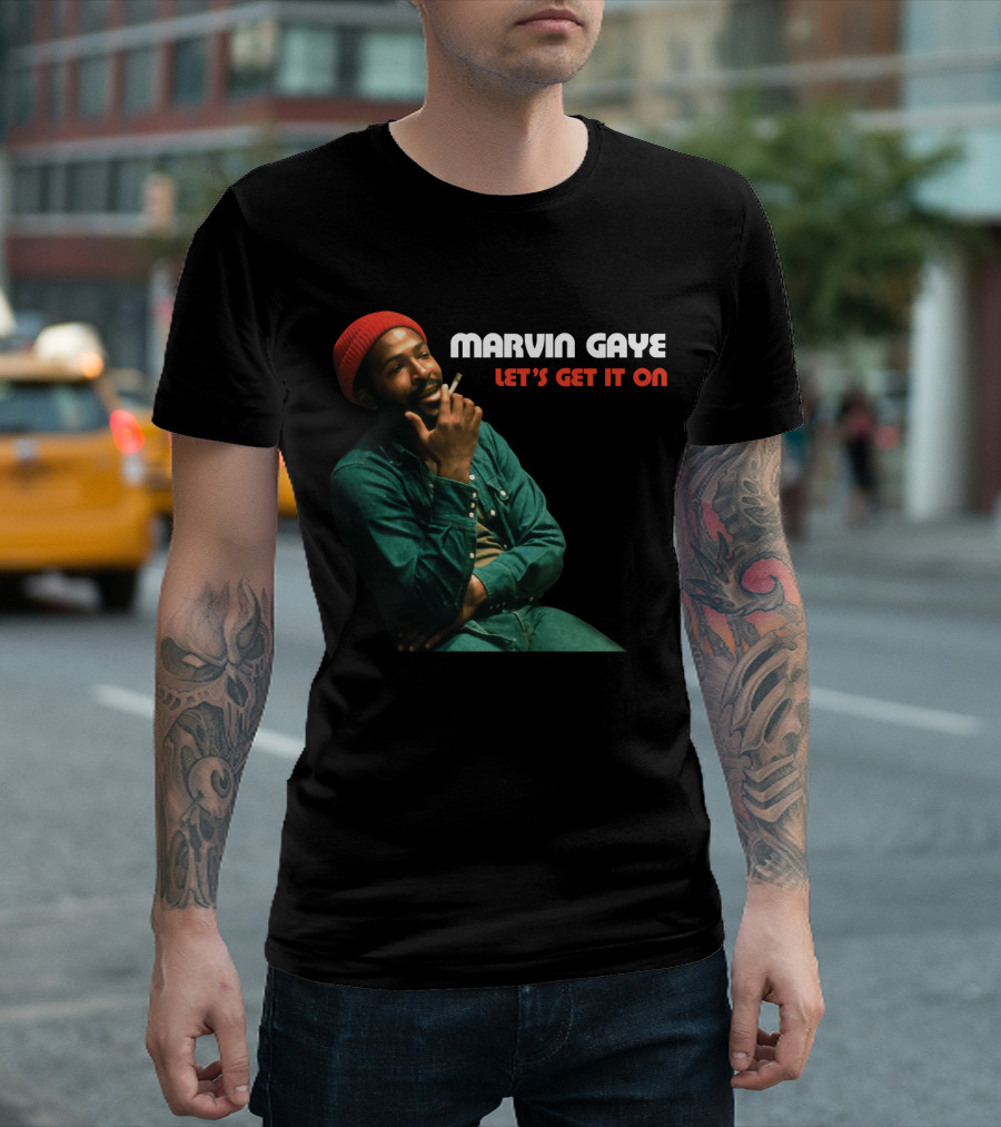 Marvin Gaye Let's Get It On Red Beanie Outfit Smoking Pose T-Shirt