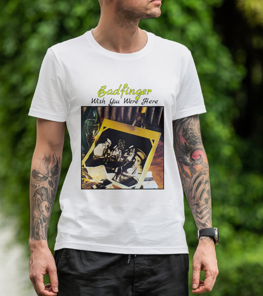 Badfinger Wish You Were Here Album Art Photographic Table Setting With Drinks And Photographs T-Shirt