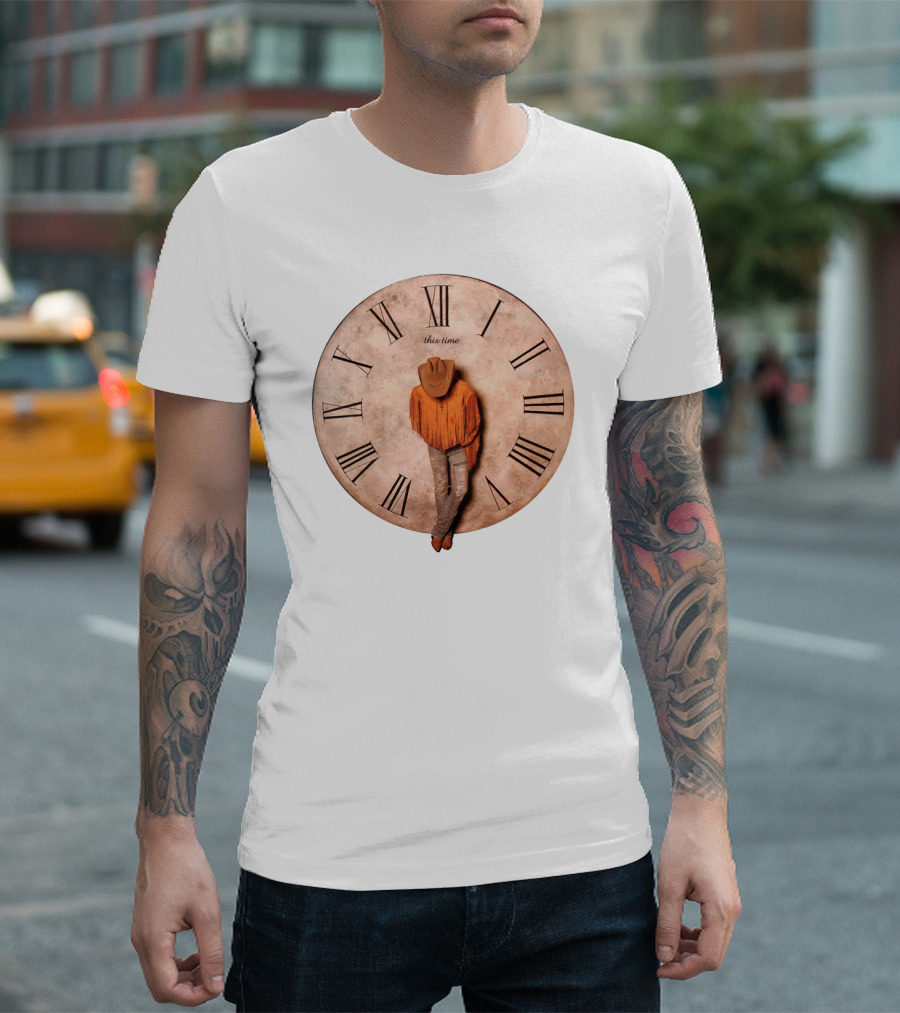 Cowboy Hat Fringed Jacket Leaning On Roman Numeral Clockface This Time T-Shirt
