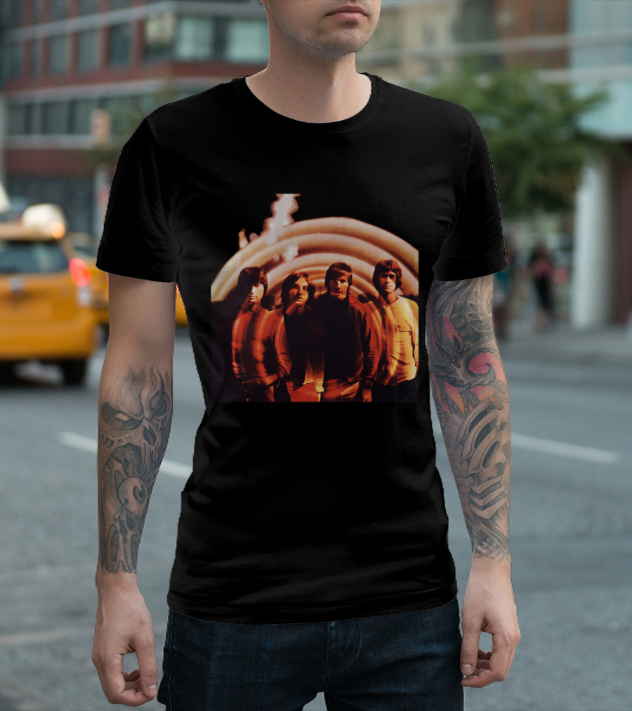 TKK 22 The Kinks Are the Village Green Preservation Society Album Cover with Band Members in Psychedelic Wave T-Shirt