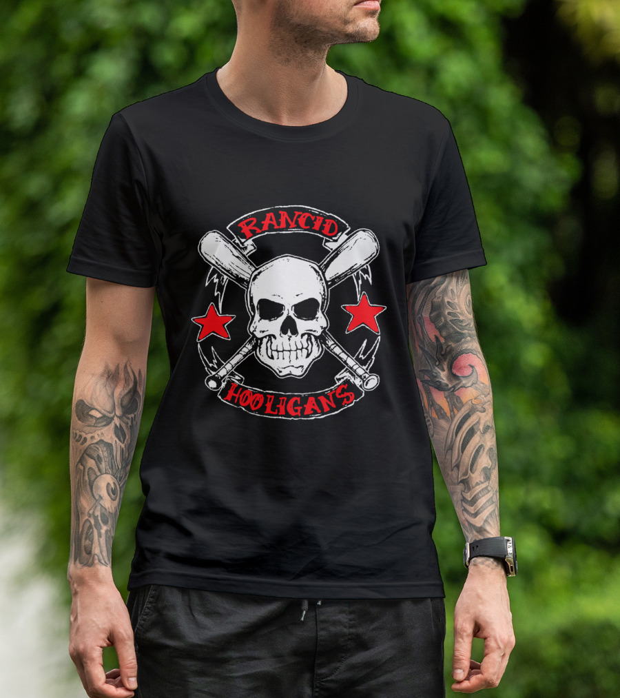 Rancid Hooligans Skull With Bats And Stars T-Shirt
