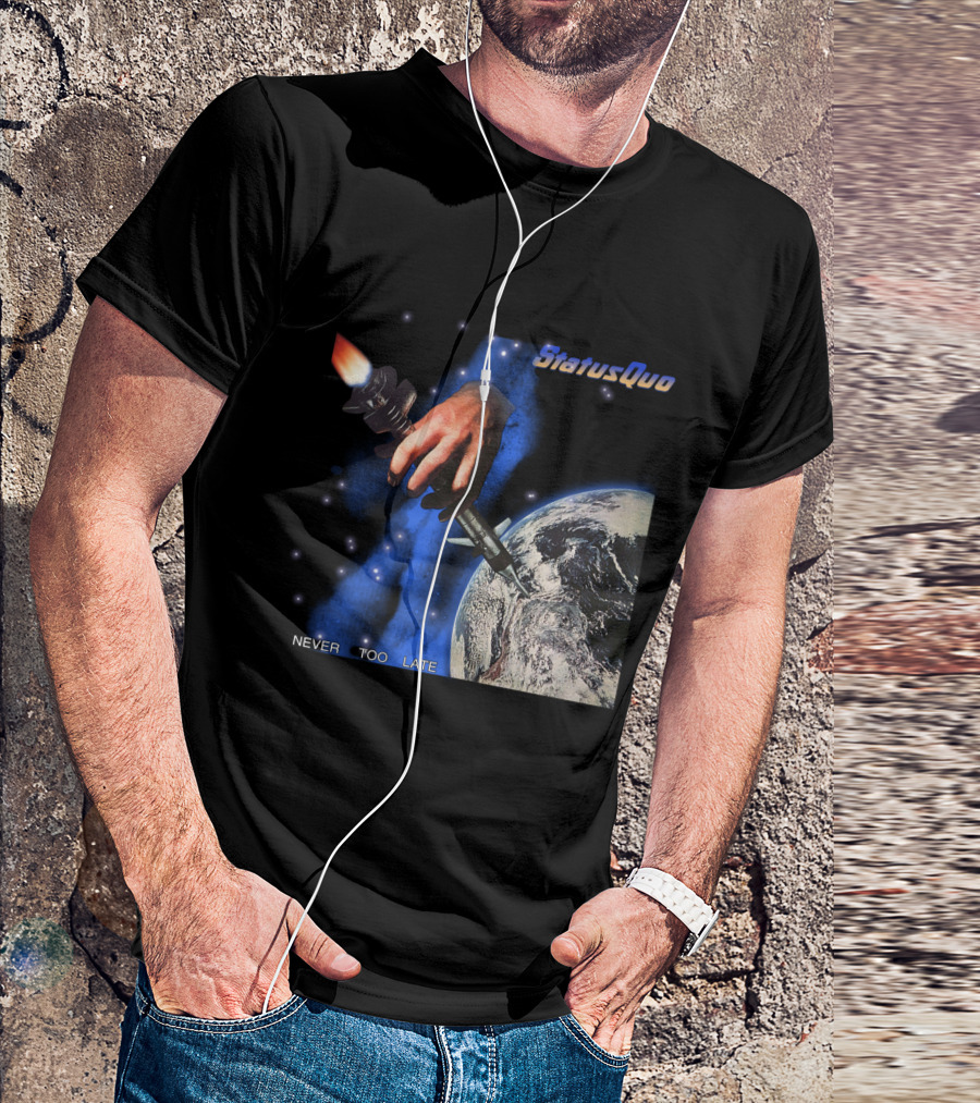 Status Quo Never Too Late Album Cover Space Hand Rocket Earth T-Shirt