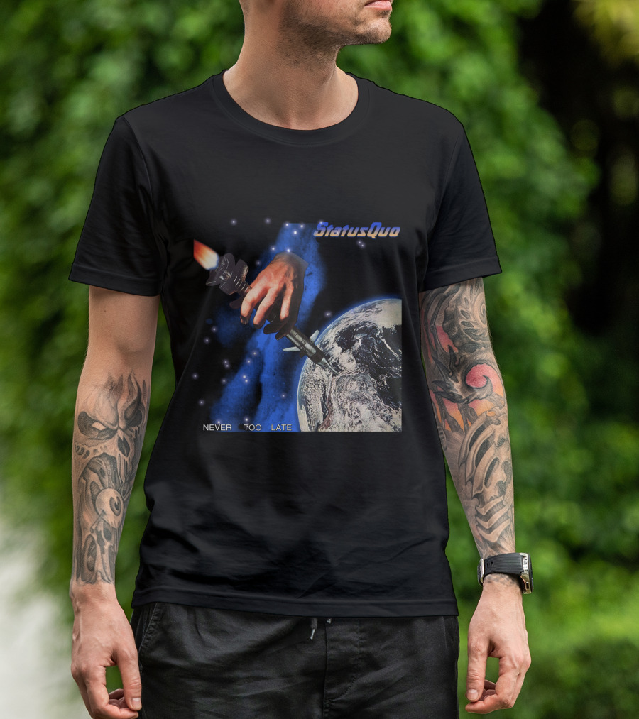 Status Quo Never Too Late Album Cover Space Hand Rocket Earth T-Shirt