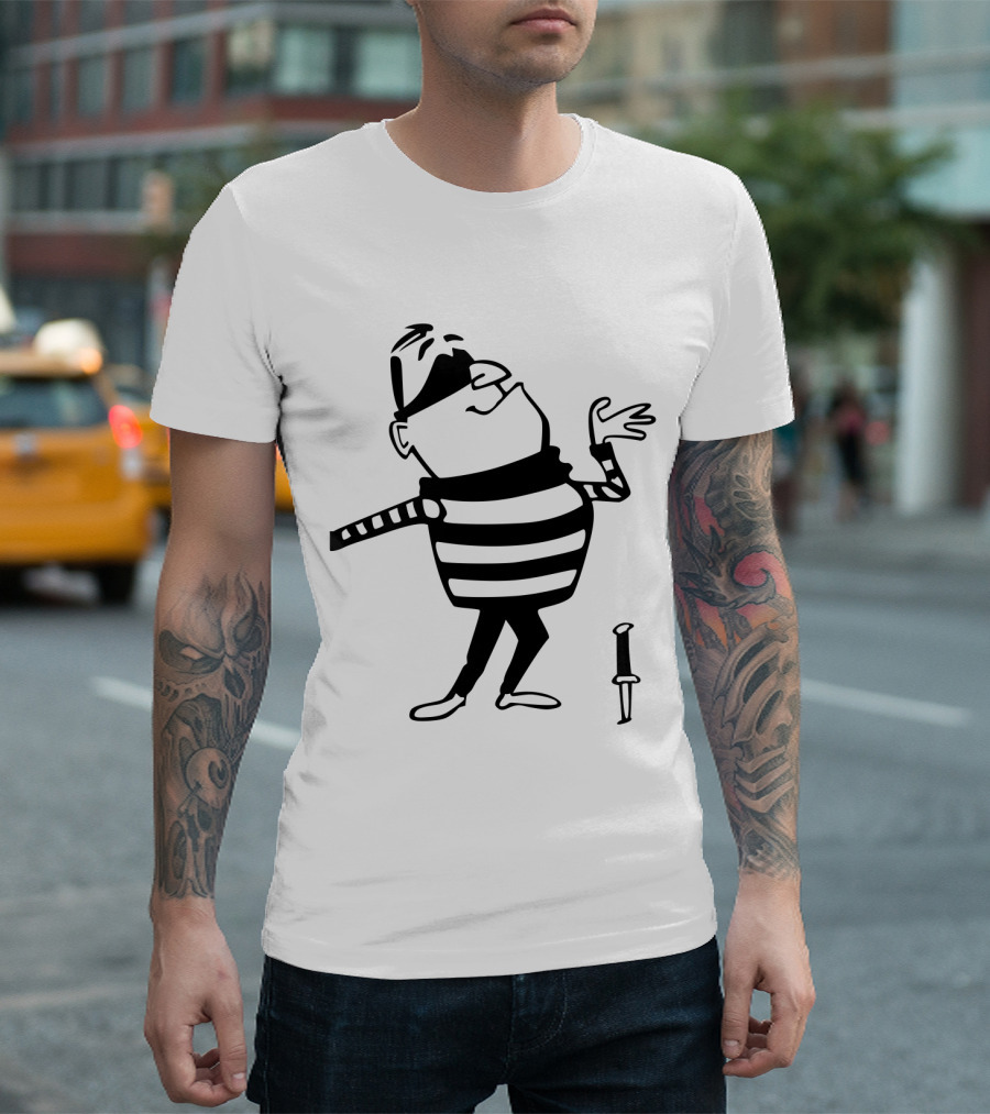 Burglar Cartoon Outline With Striped Shirt And Knife T-Shirt