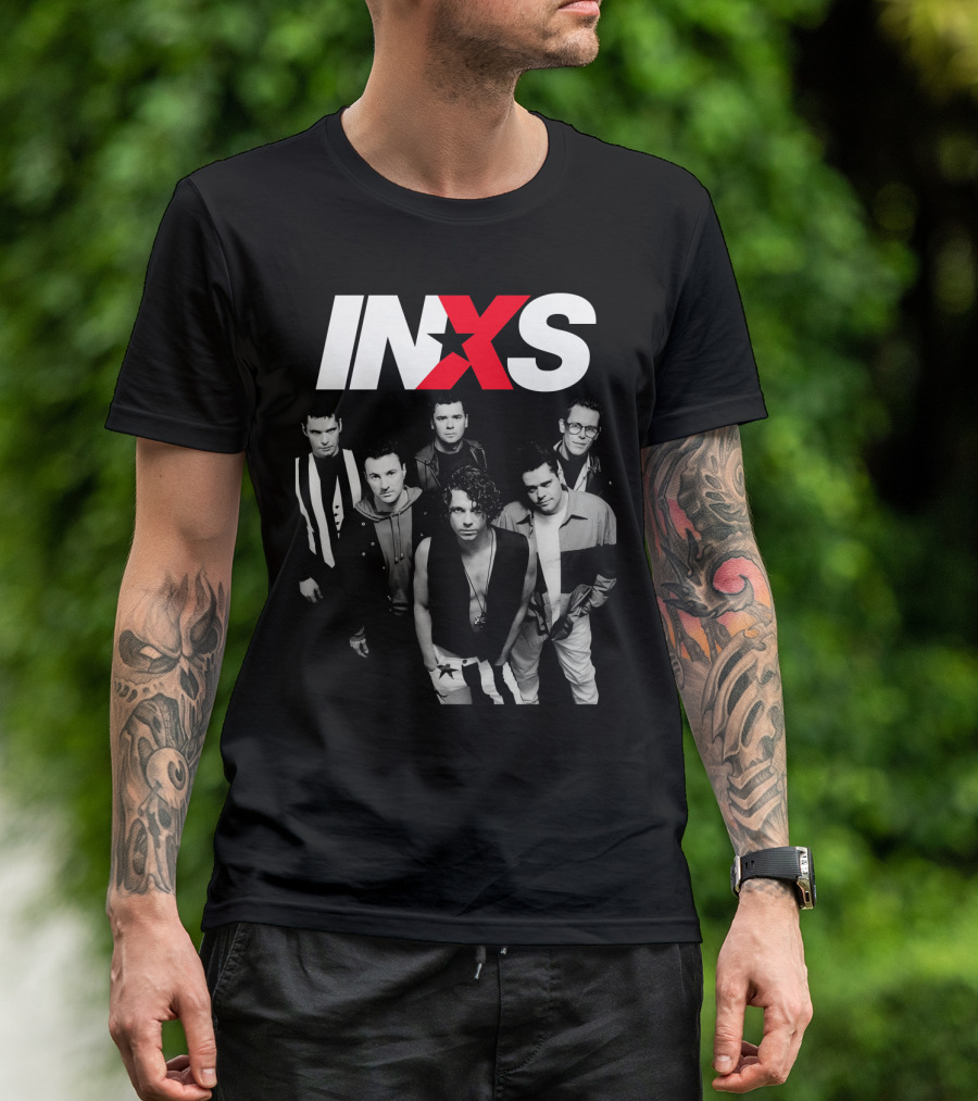 Inxs Band Black And White Group Photo With Red T-Shirt
