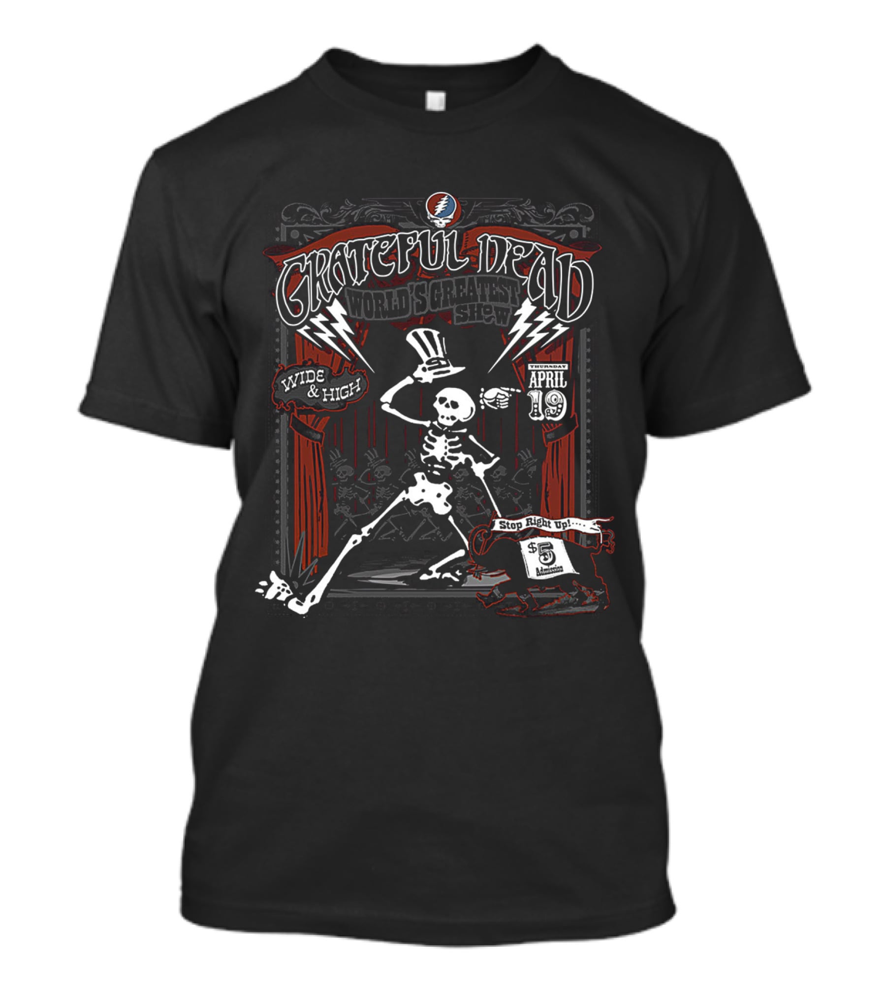Grateful Dead World's Greatest Show April 19 Wide & High Skeleton With Top Hat T-Shirt