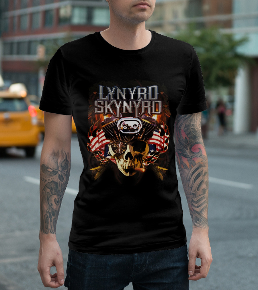 Lynyrd Skynyrd Skull Engine American Flag Flames T-Shirt