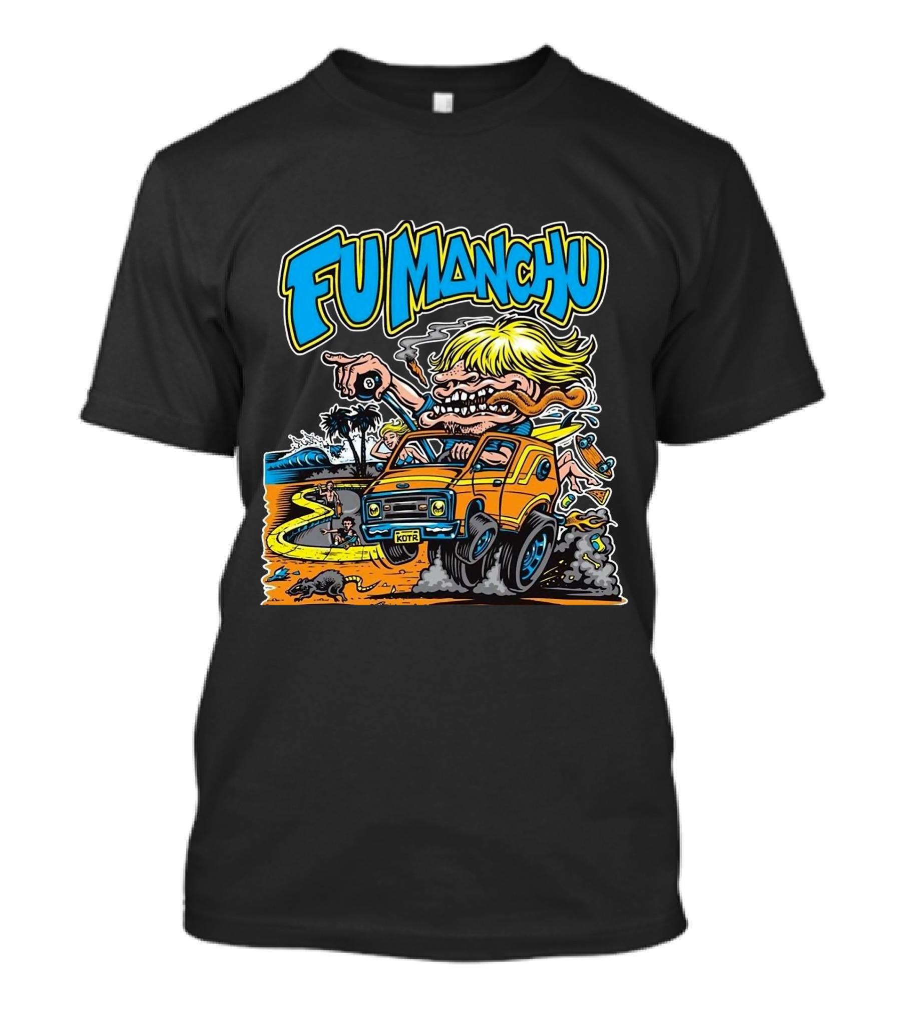 Fu Manchu Surf Adventure Vintage Car Beach Scene T-Shirt