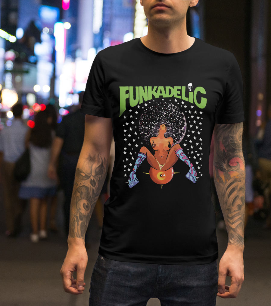 Funkadelic Psychedelic Art With Stars And Character On Black T-Shirt