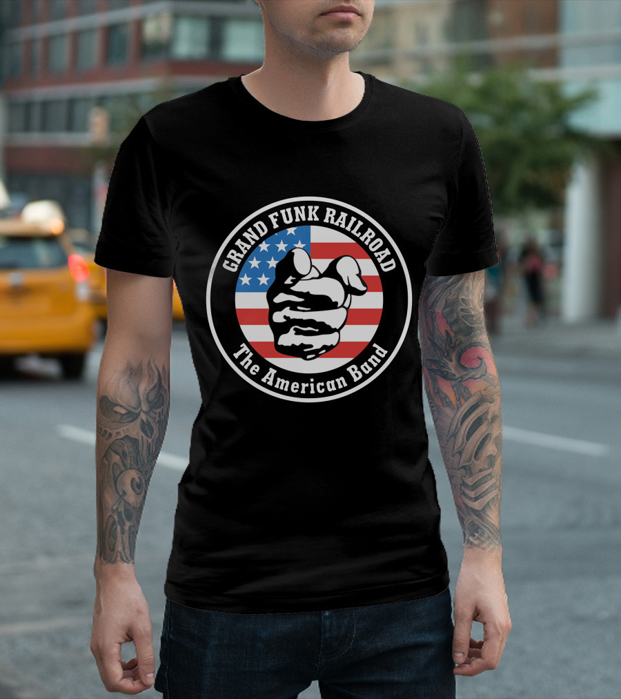 Grand Funk Railroad The American Band Logo With Pointing Hand On Usa Flag T-Shirt