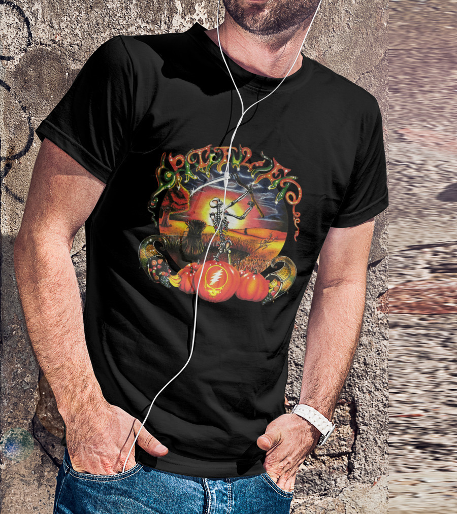 Grateful Dead Autumn Harvest Skeleton With Scythe And Pumpkins T-Shirt