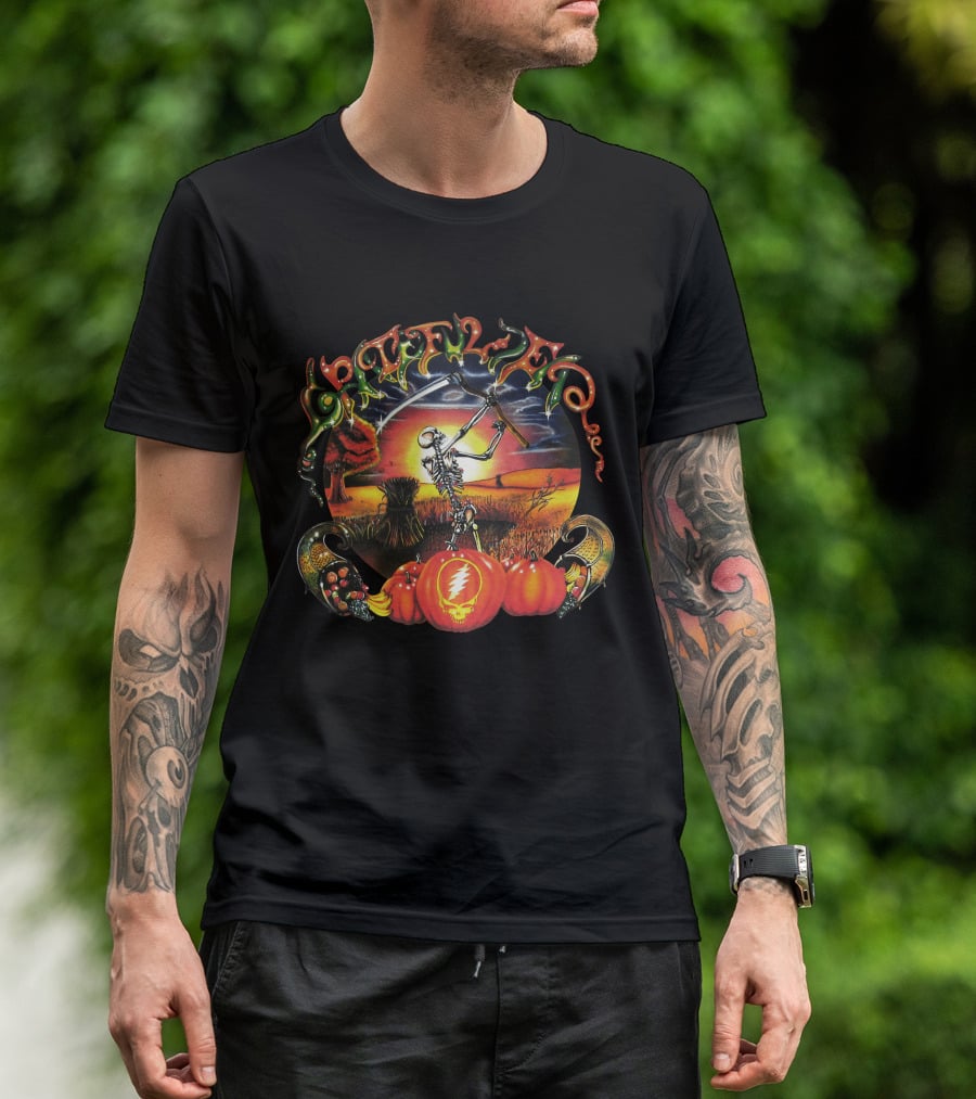 Grateful Dead Autumn Harvest Skeleton With Scythe And Pumpkins T-Shirt