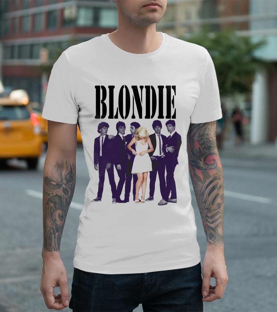 Blondie Band Classic Group Pose Black And White Borderline White Dress T-Shirt