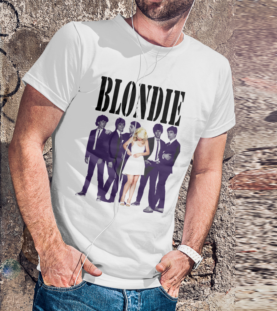 Blondie Band Classic Group Pose Black And White Borderline White Dress T-Shirt