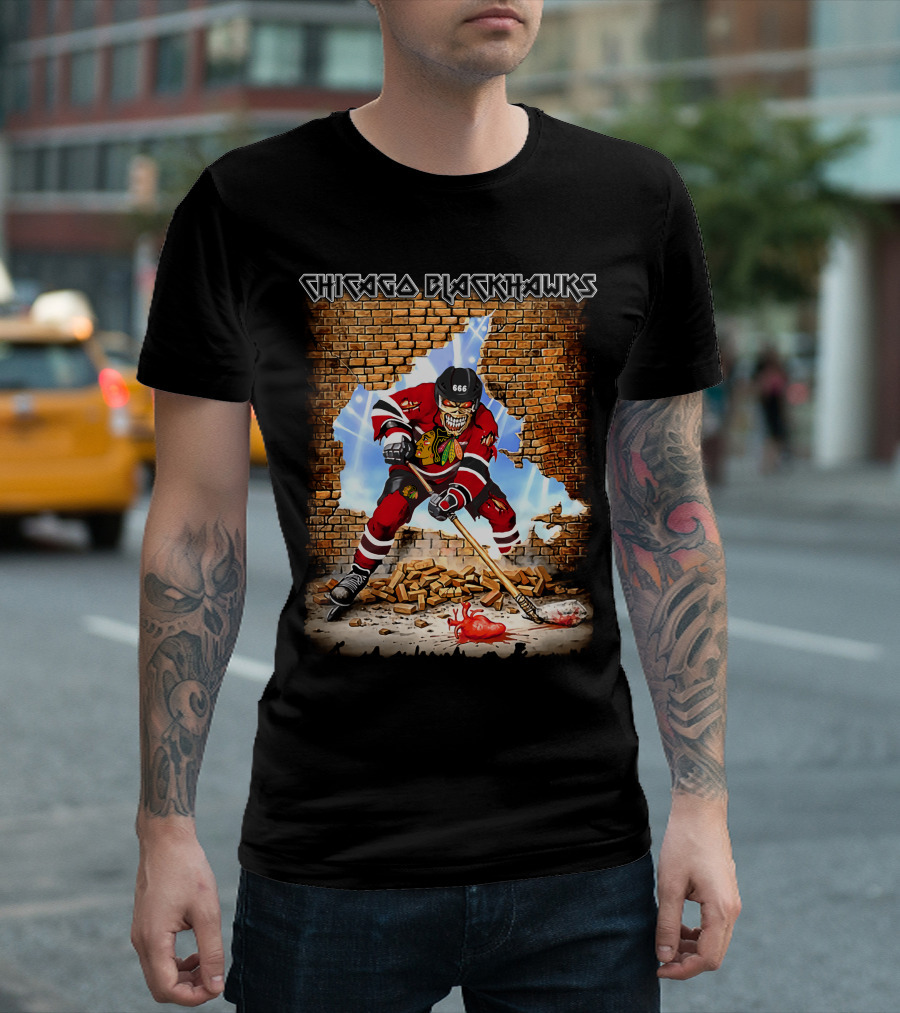 Chicago Blackhawks Zombie Hockey Player Breaking Through Wall T-Shirt