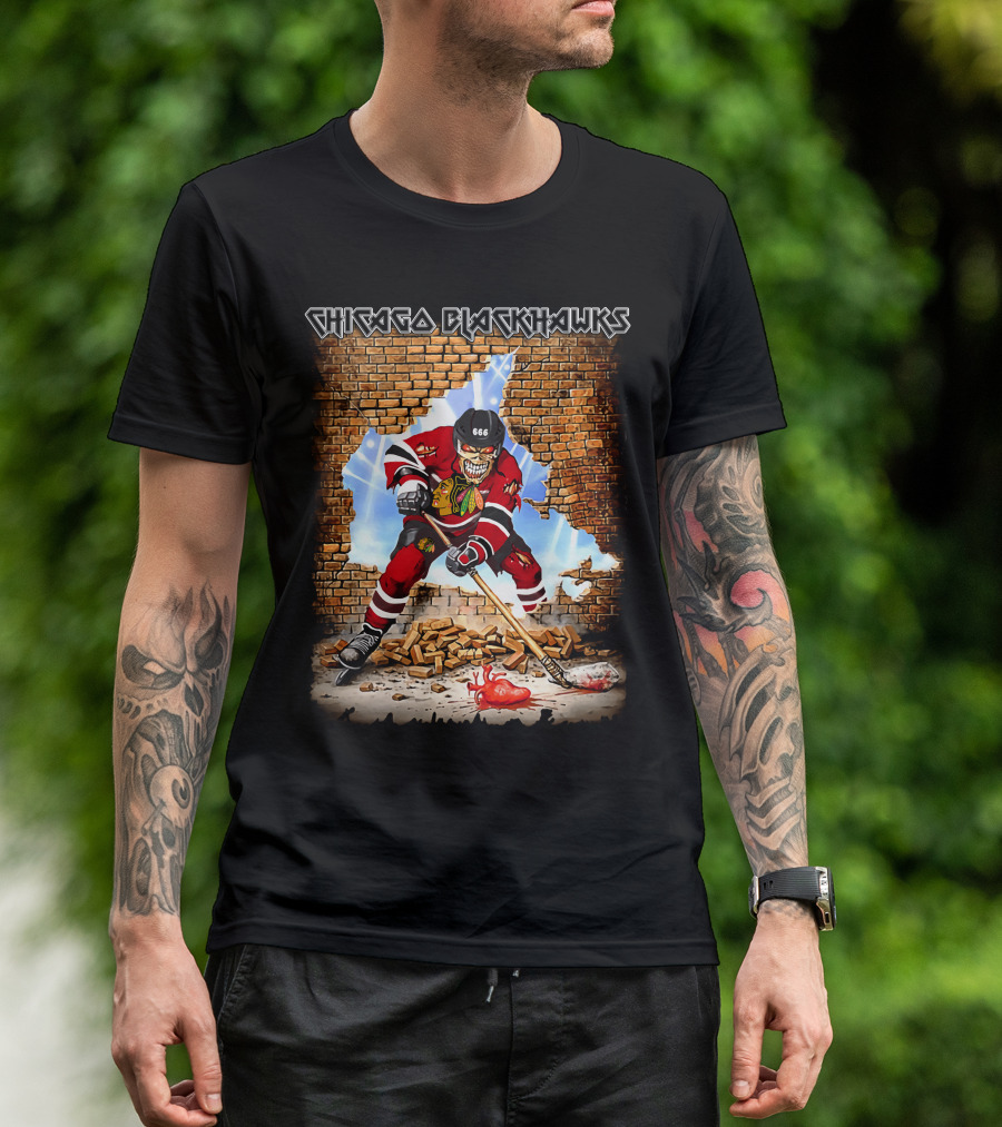 Chicago Blackhawks Zombie Hockey Player Breaking Through Wall T-Shirt