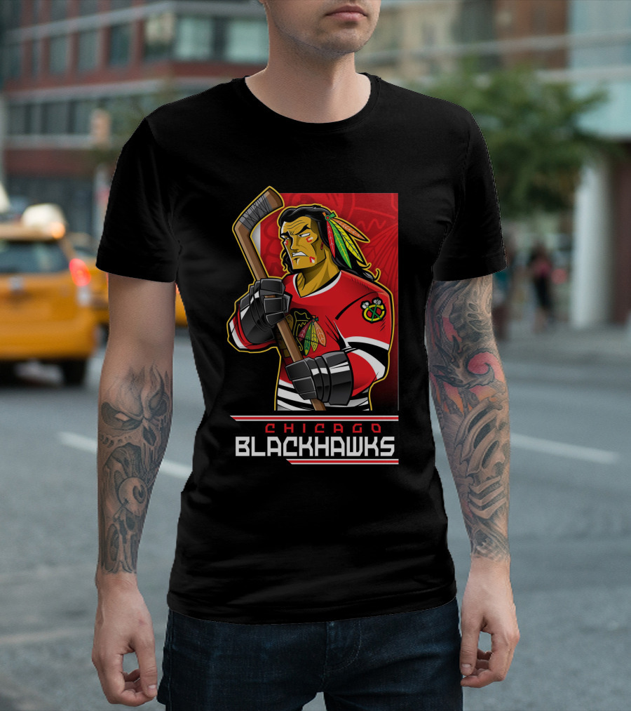 Chicago Blackhawks Hockey Player With Logo And Feathered Headdress T-Shirt