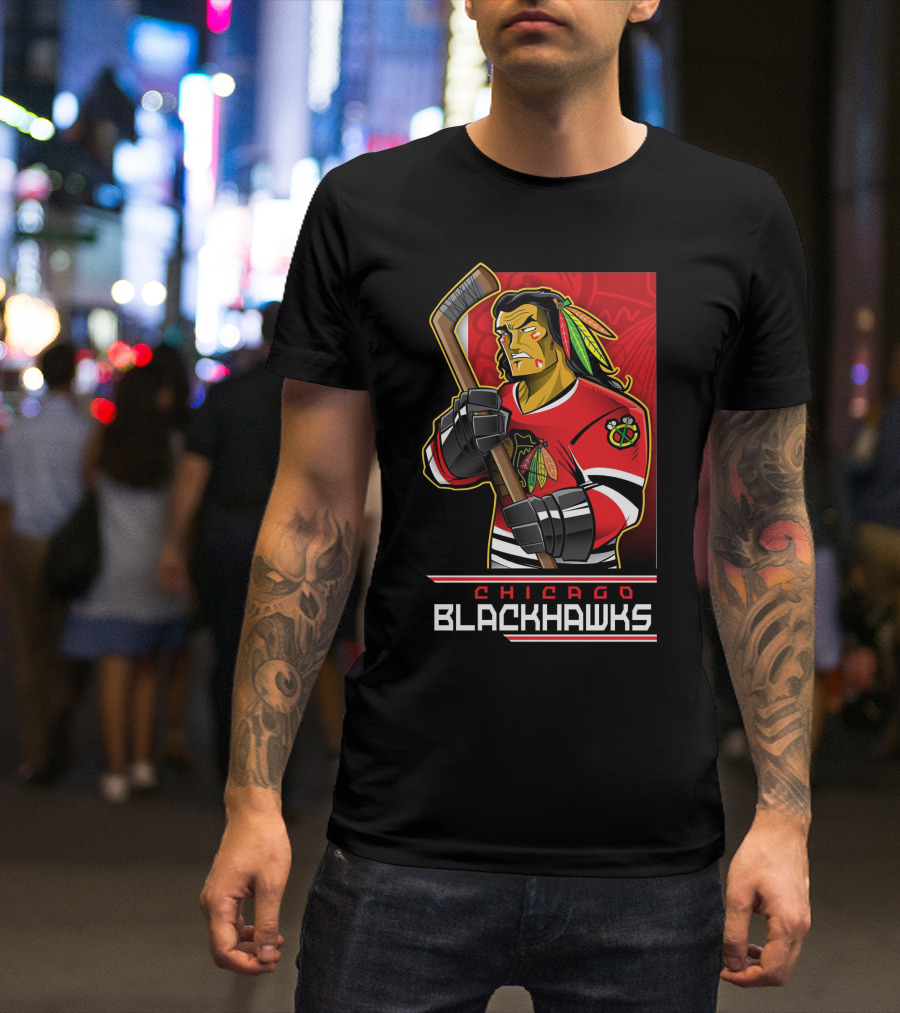 Chicago Blackhawks Hockey Player With Logo And Feathered Headdress T-Shirt