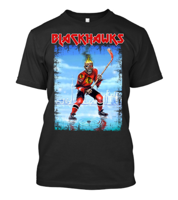 Blackhawks Hockey Player With Fiery Head And Stick T-Shirt
