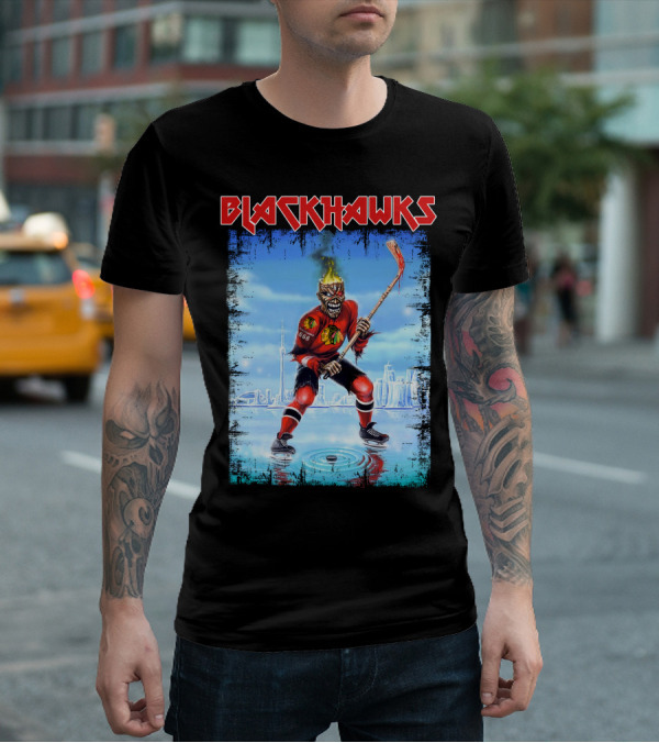 Blackhawks Hockey Player With Fiery Head And Stick T-Shirt