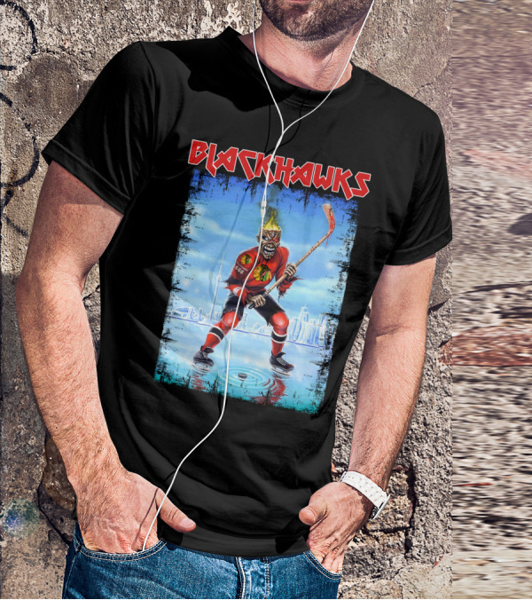 Blackhawks Hockey Player With Fiery Head And Stick T-Shirt