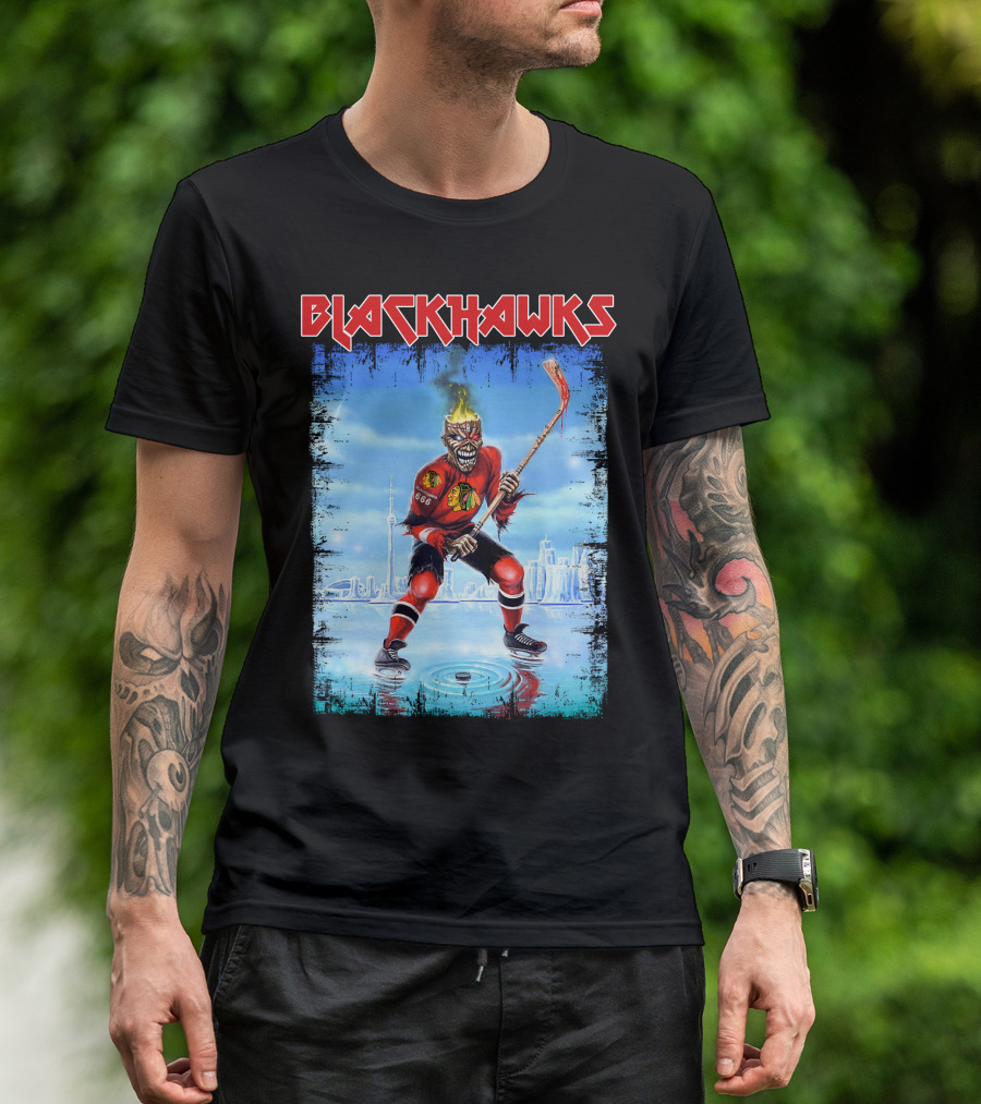 Blackhawks Hockey Player With Fiery Head And Stick T-Shirt