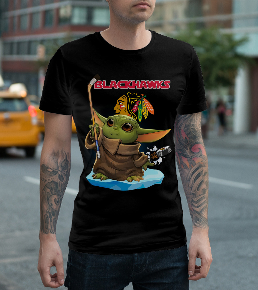 Baby Yoda Blackhawks Hockey Stick and Puck T-Shirt