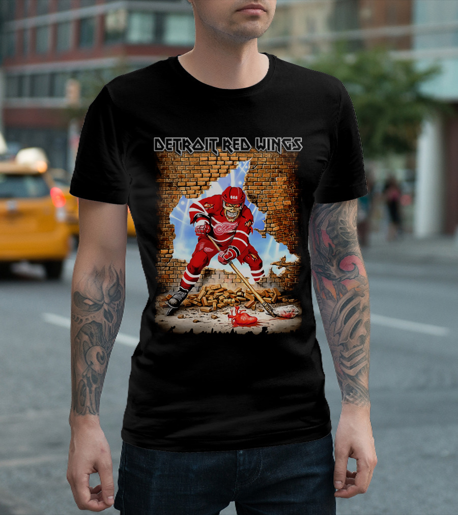 Detroit Red Wings Brick Wall Skeleton Hockey Player With Red Jersey And Ice Stick T-Shirt