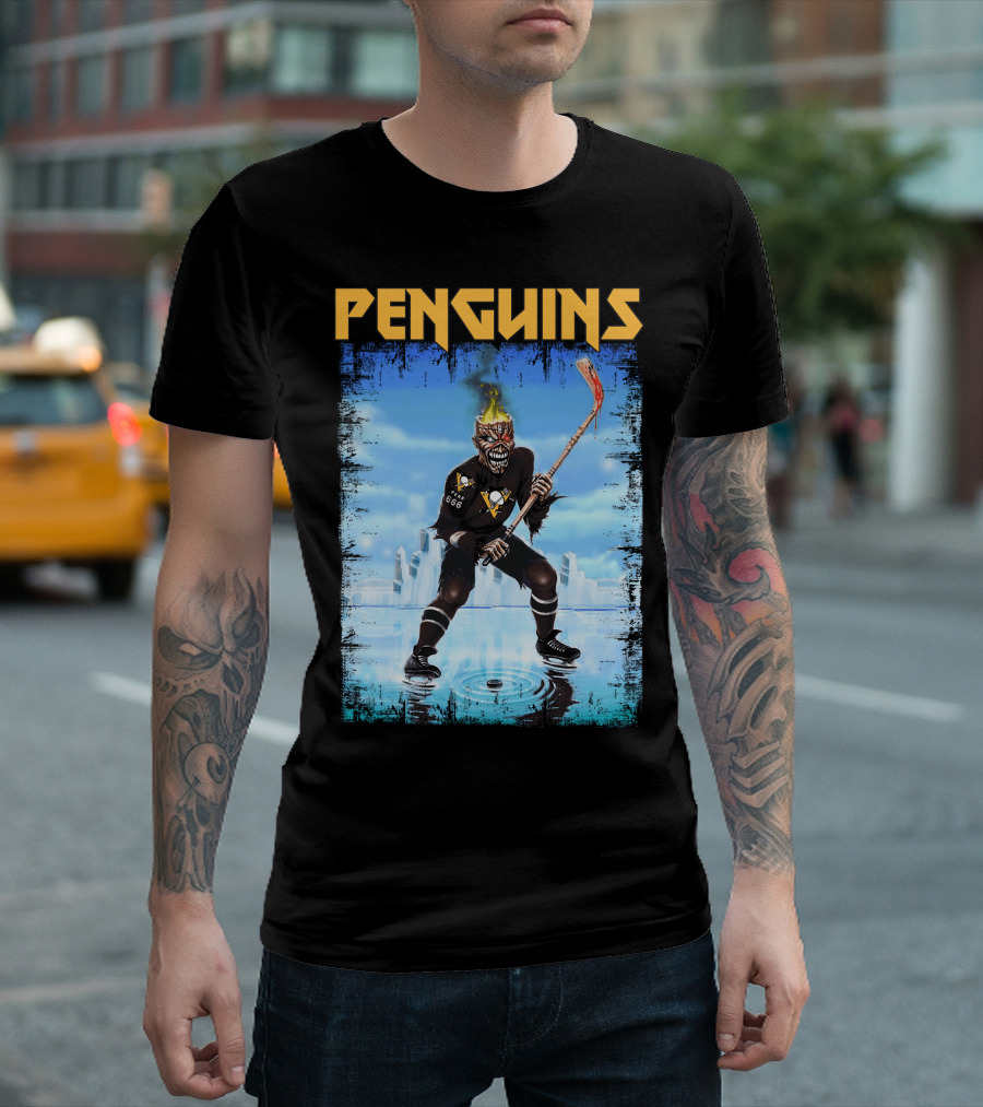 Penguins Hockey Skeleton With Flaming Skull And Hockey Stick In Pittsburgh Skyline T-Shirt