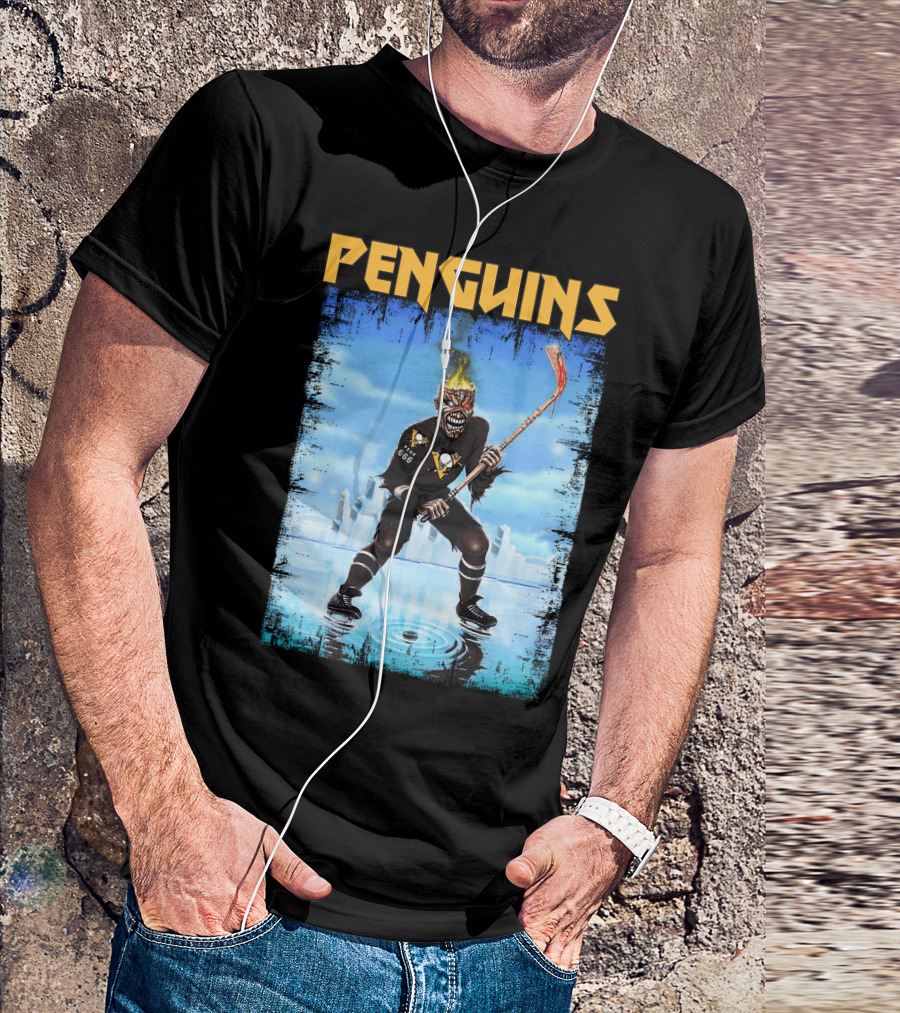 Penguins Hockey Skeleton With Flaming Skull And Hockey Stick In Pittsburgh Skyline T-Shirt