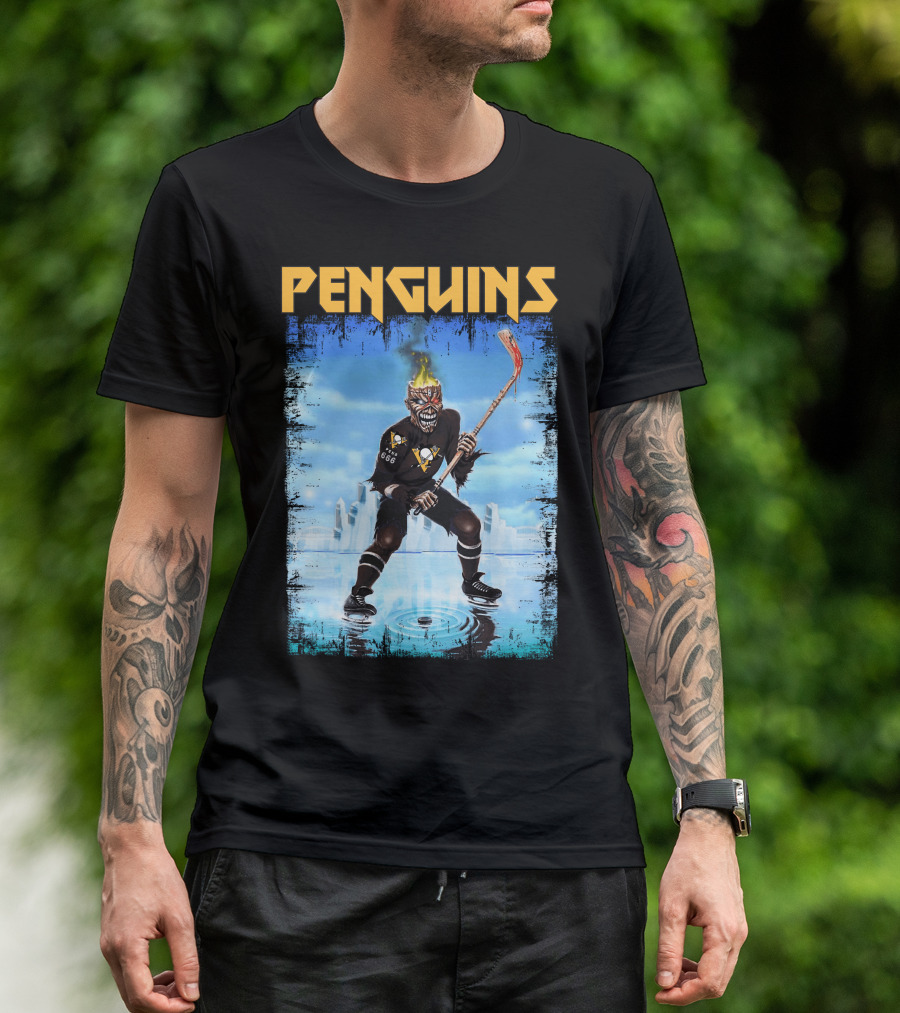 Penguins Hockey Skeleton With Flaming Skull And Hockey Stick In Pittsburgh Skyline T-Shirt