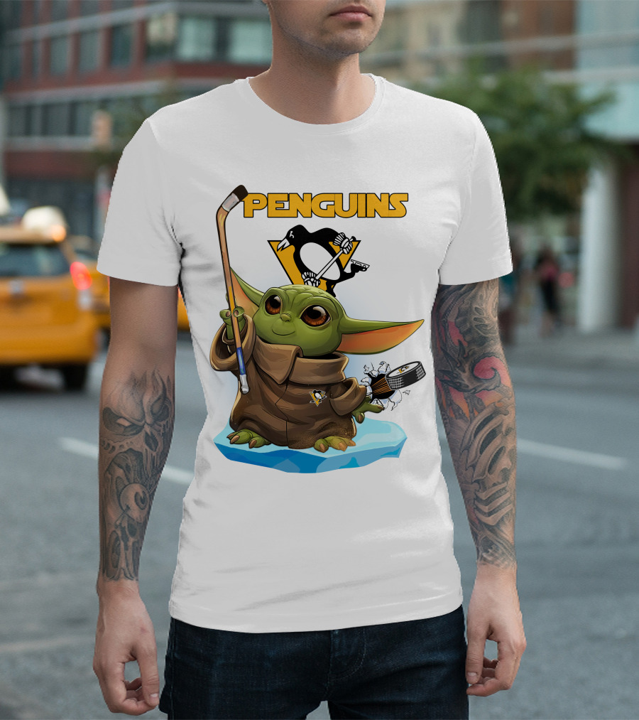 Baby Yoda Holding Hockey Stick With Pittsburgh Penguins T-Shirt