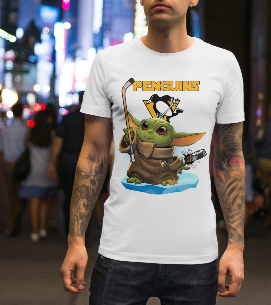 Baby Yoda Holding Hockey Stick With Pittsburgh Penguins T-Shirt