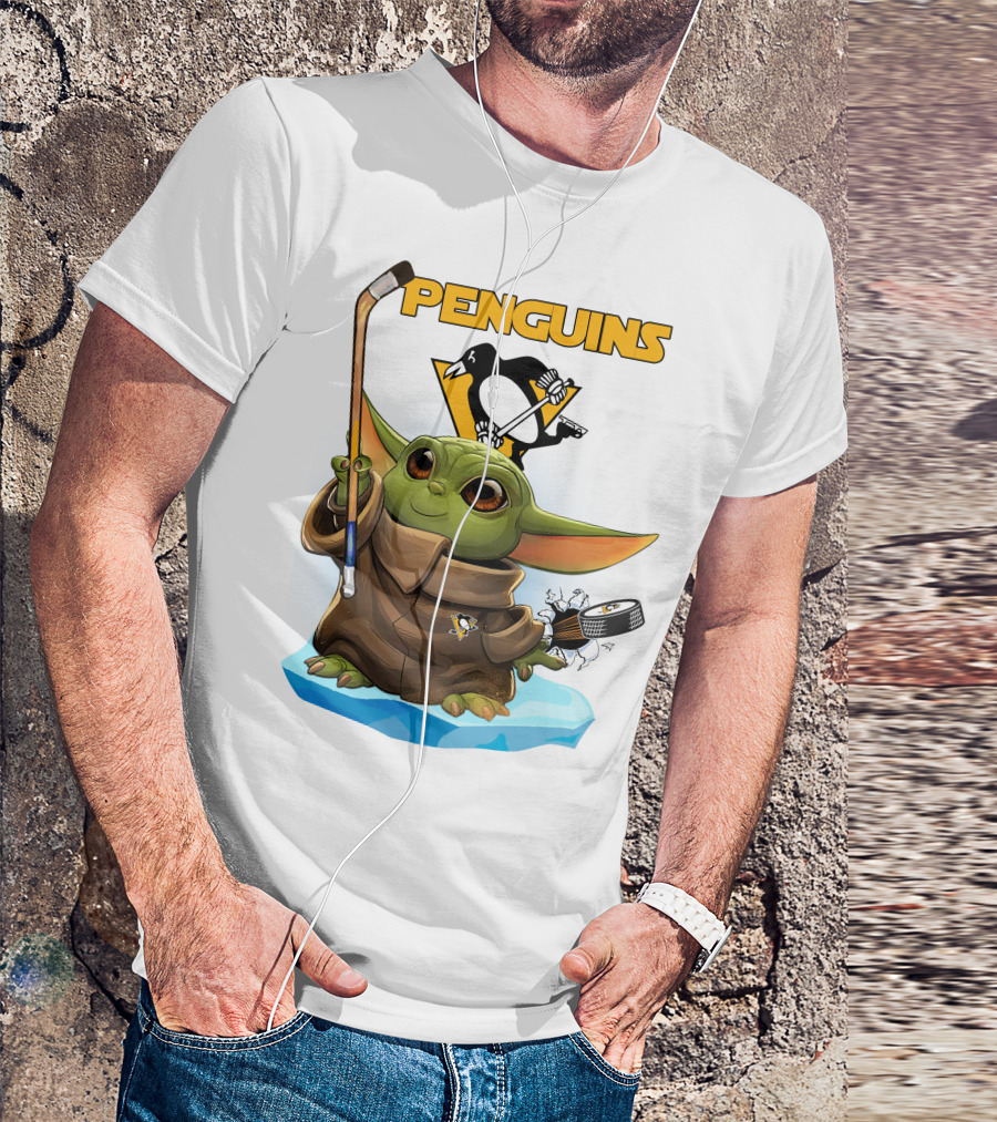 Baby Yoda Holding Hockey Stick With Pittsburgh Penguins T-Shirt