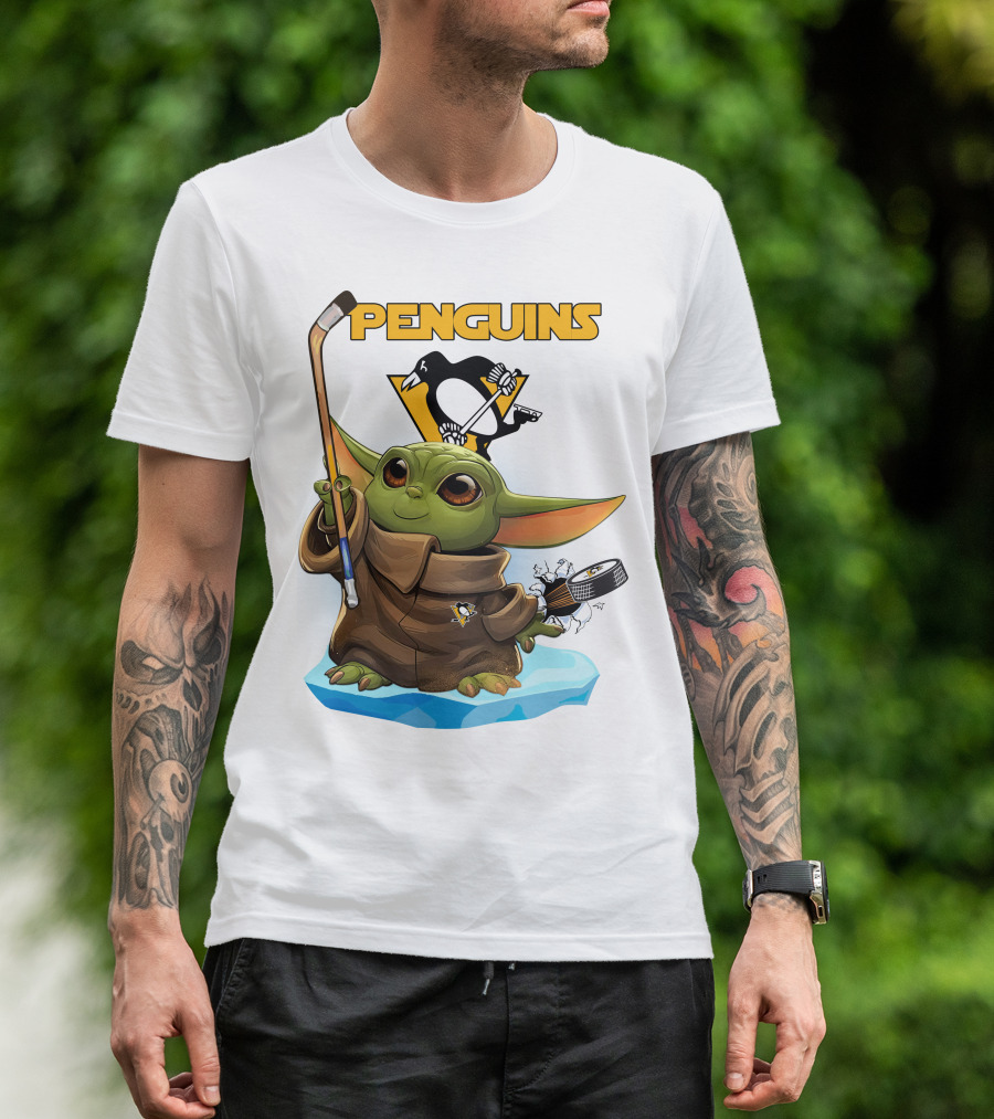 Baby Yoda Holding Hockey Stick With Pittsburgh Penguins T-Shirt