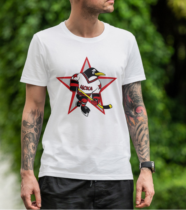 Цска Penguin Hockey Player With Red Star Ice Hockey Theme T-Shirt
