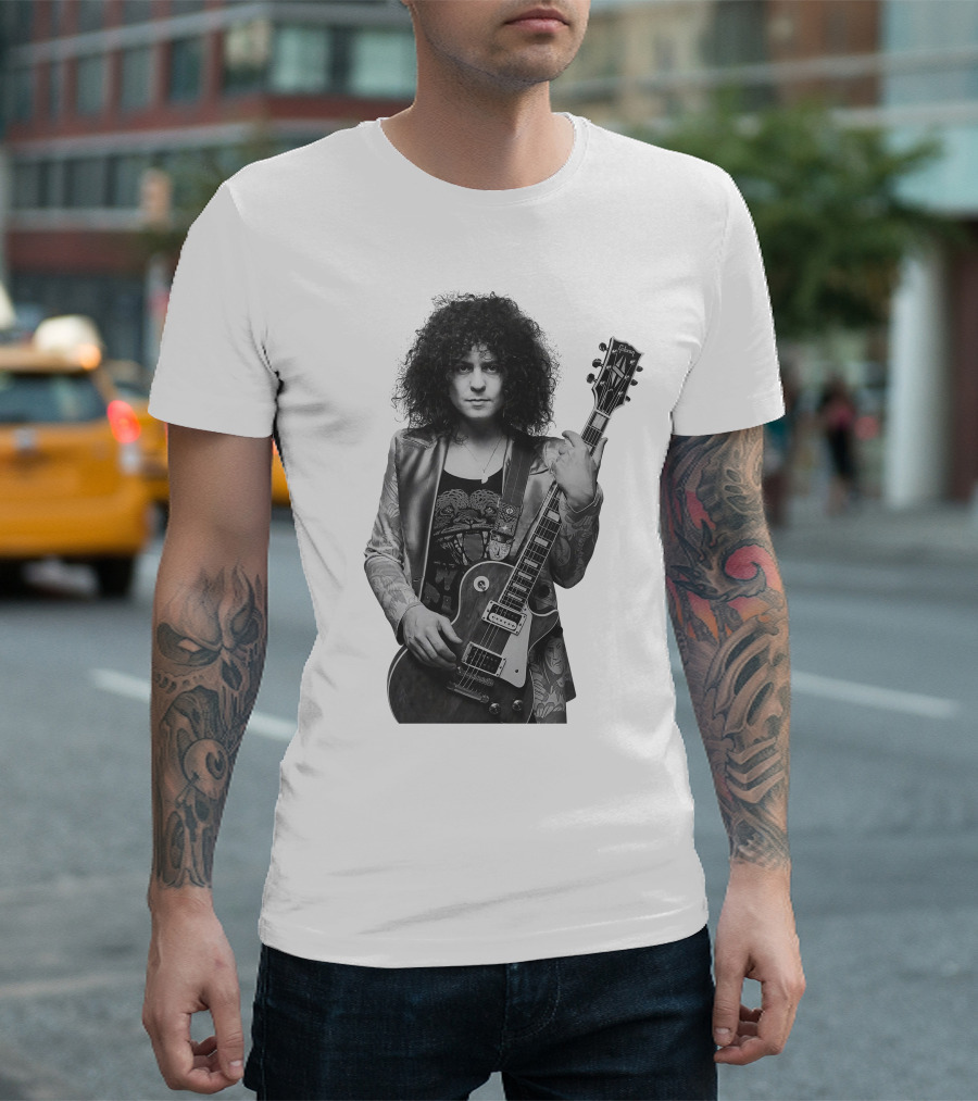 Marc Bolan With Gibson Les Paul Guitar Iconic Black And White T-Shirt