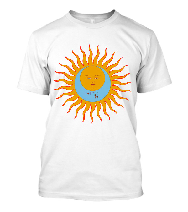 Crimson Red Sun Face Icon On Blue And Orange T-Shirt
