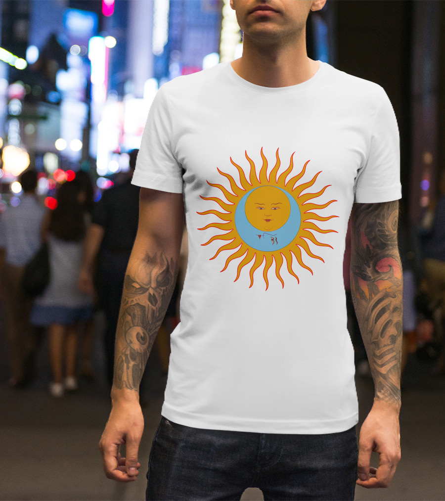 Crimson Red Sun Face Icon On Blue And Orange T-Shirt