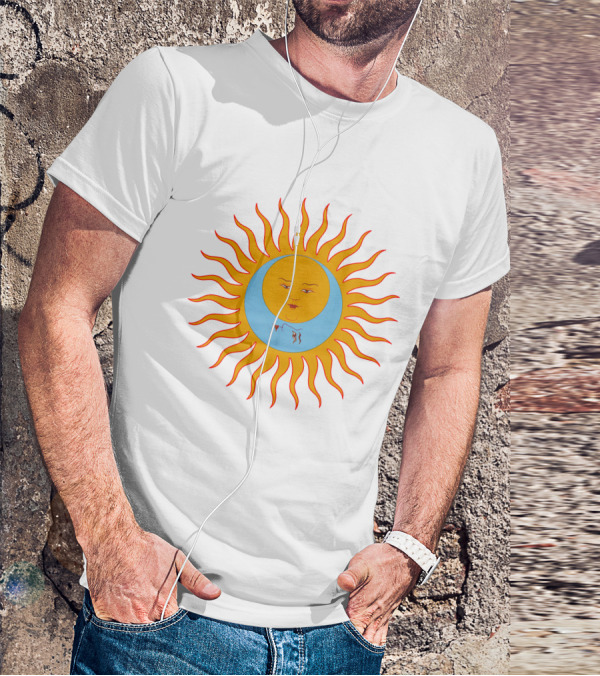 Crimson Red Sun Face Icon On Blue And Orange T-Shirt