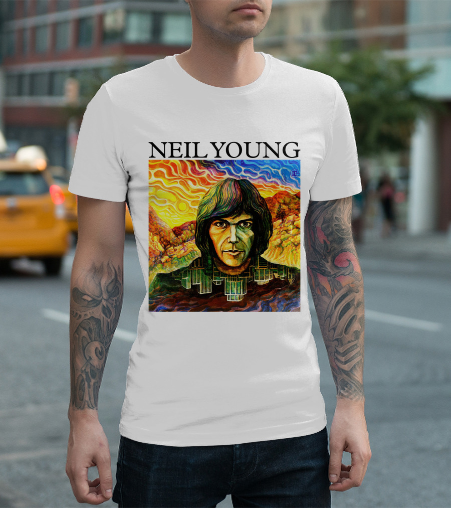 Neil Young Vibrant Portrait And Cityscape Fusion T-Shirt