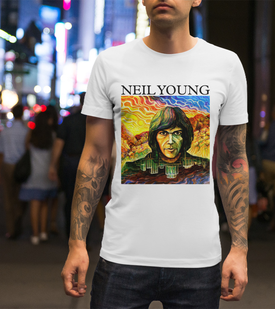 Neil Young Vibrant Portrait And Cityscape Fusion T-Shirt