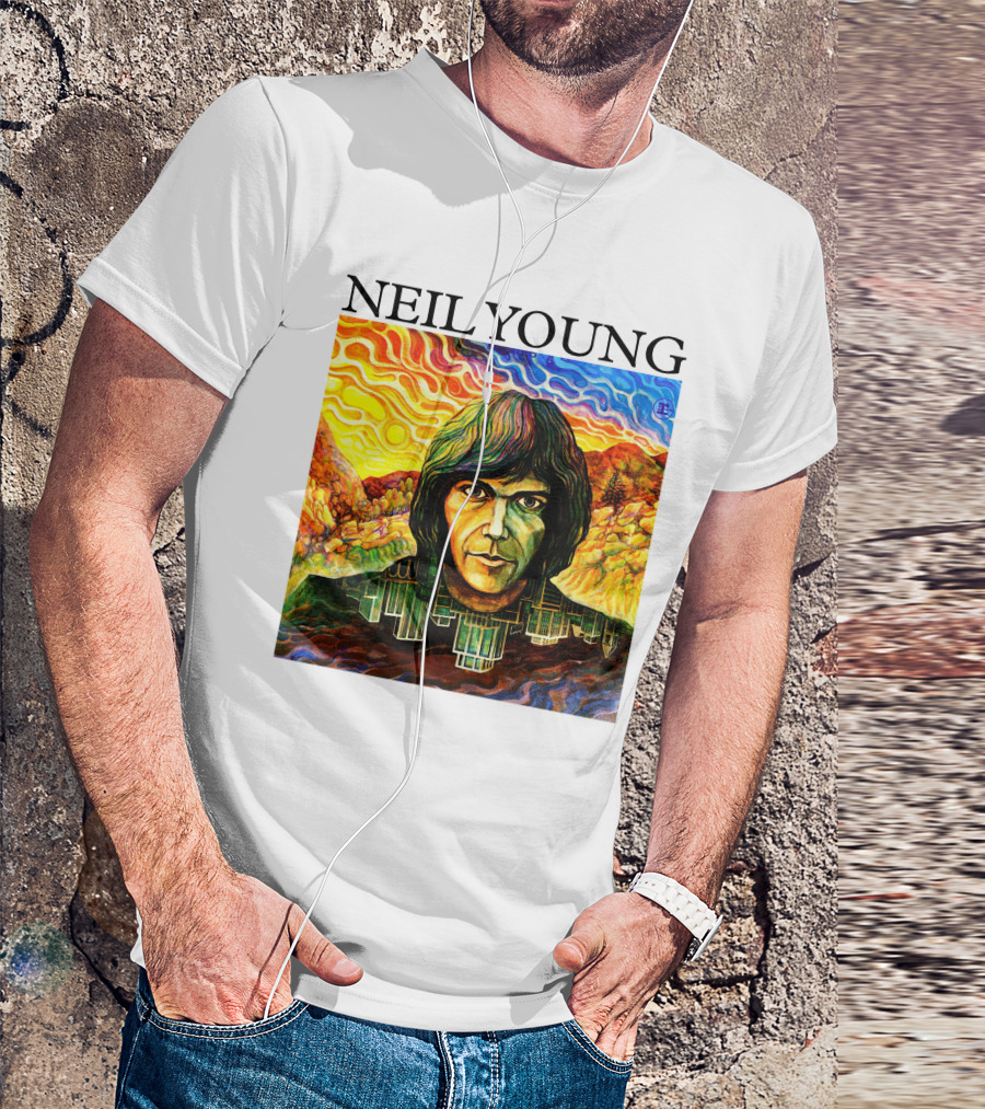 Neil Young Vibrant Portrait And Cityscape Fusion T-Shirt