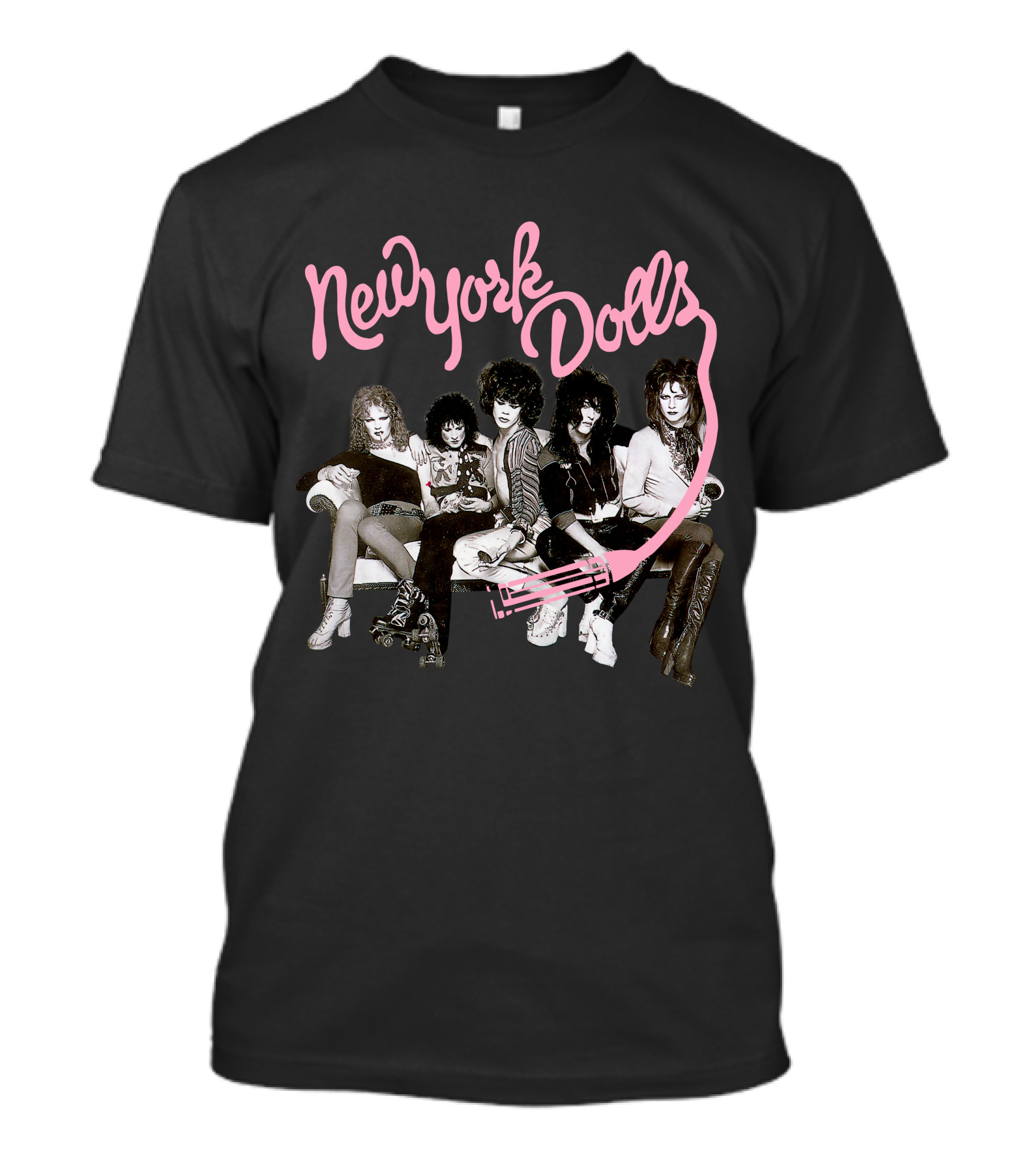 New York Dolls Band Pink Logo And Group Photo T-Shirt