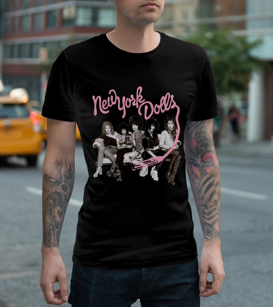 New York Dolls Band Pink Logo And Group Photo T-Shirt