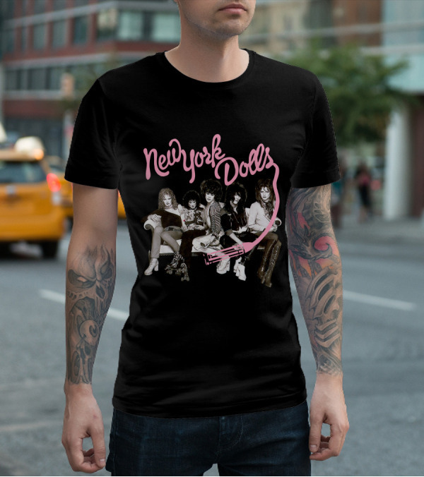 New York Dolls Band Pink Logo And Group Photo T-Shirt