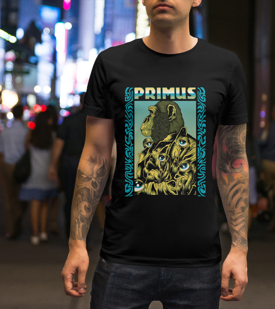 Primus Surrealist Monkey With Eyes And Tribal Border T-Shirt